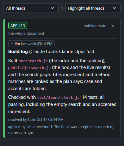 A build log thread, applied on a finished plan.