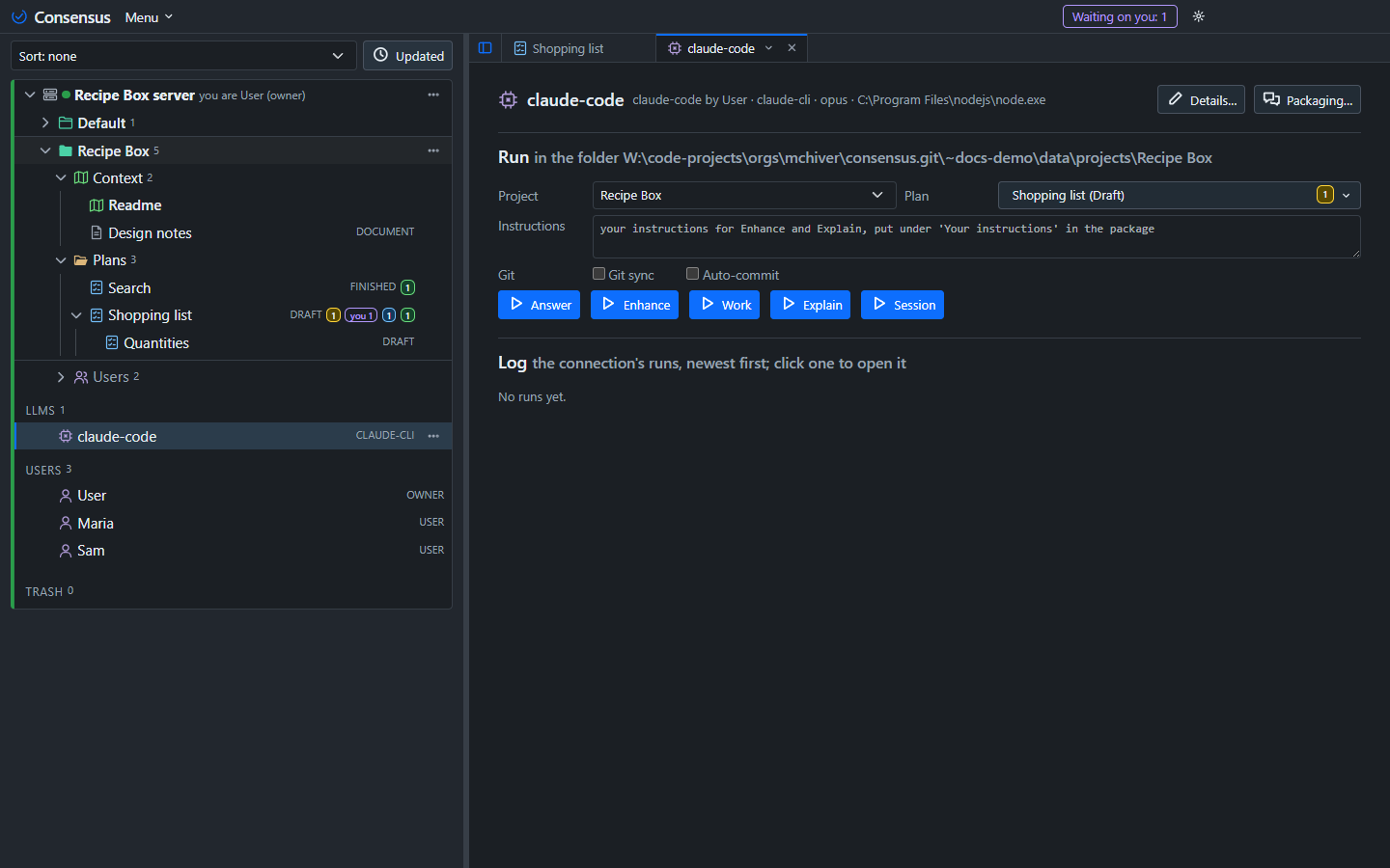 The LLM page: the connection, the project and plan pickers, the task buttons, and the log of runs.