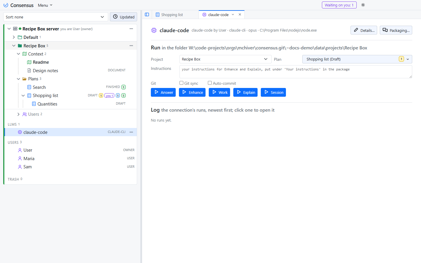 The LLM page: the connection, the project and plan pickers, the task buttons, and the log of runs.