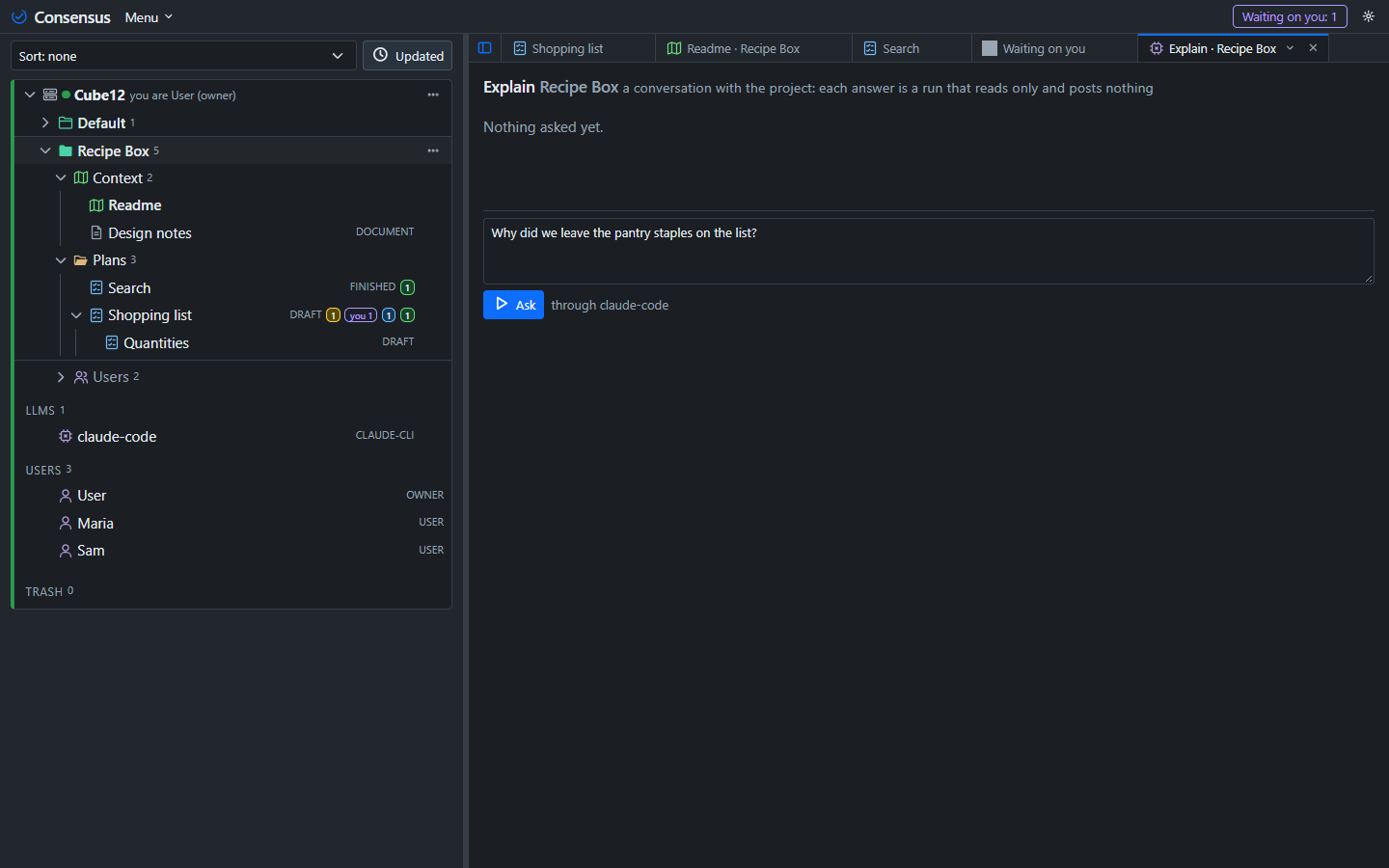 The Explain tab: a question about the project, and the answers so far.