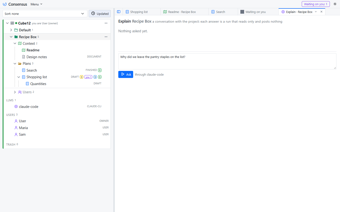 The Explain tab: a question about the project, and the answers so far.