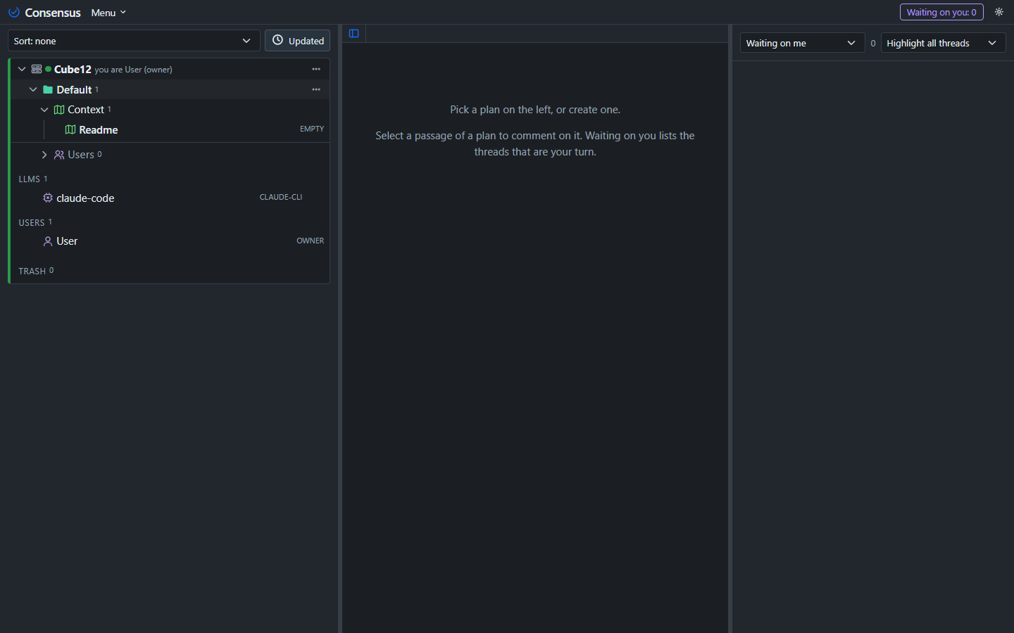 The page at first start: the Default project and its Readme.