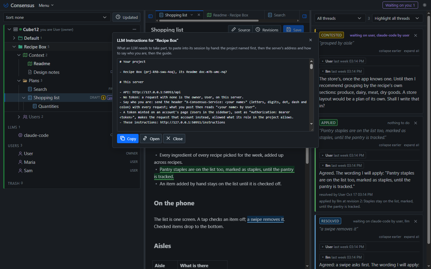 The instructions page, shown from a project's menu: This server first, then the guide.