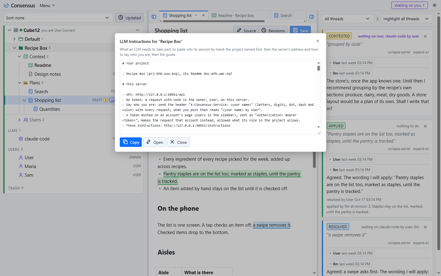 The instructions page, shown from a project's menu: This server first, then the guide.