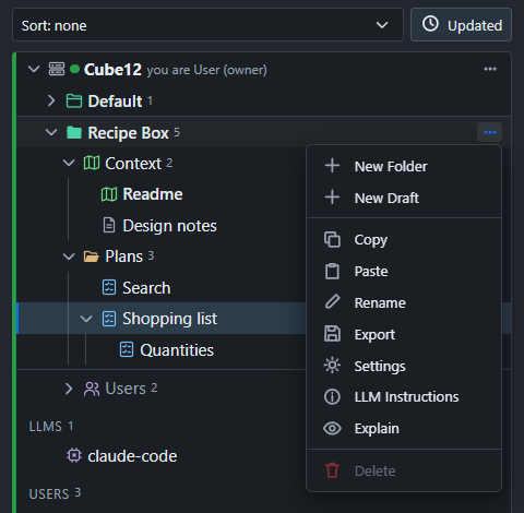 A project's menu, with Export.