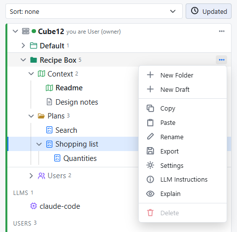 A project's menu, with Export.