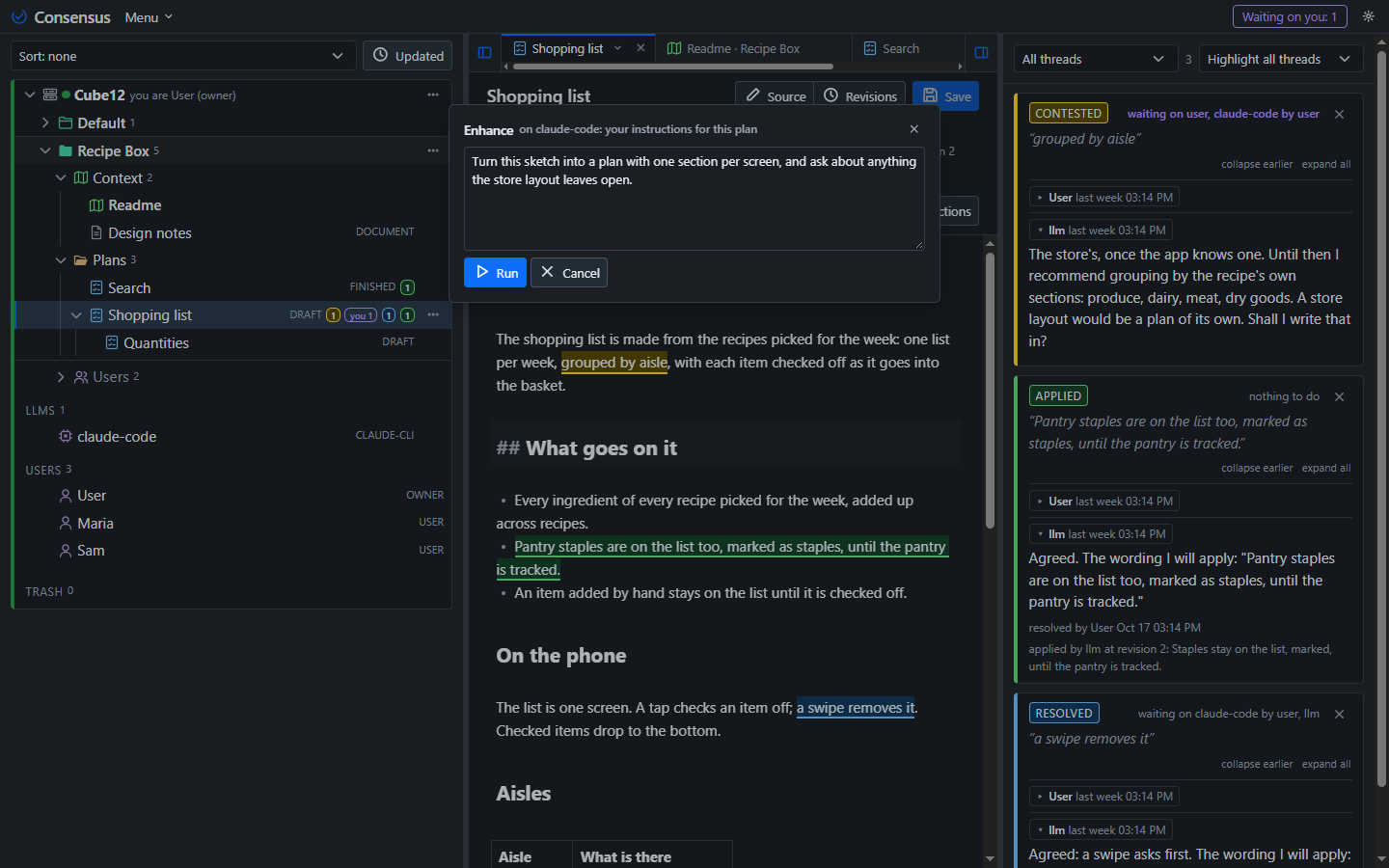 A plan's heading: the task buttons, and Enhance asking for instructions.