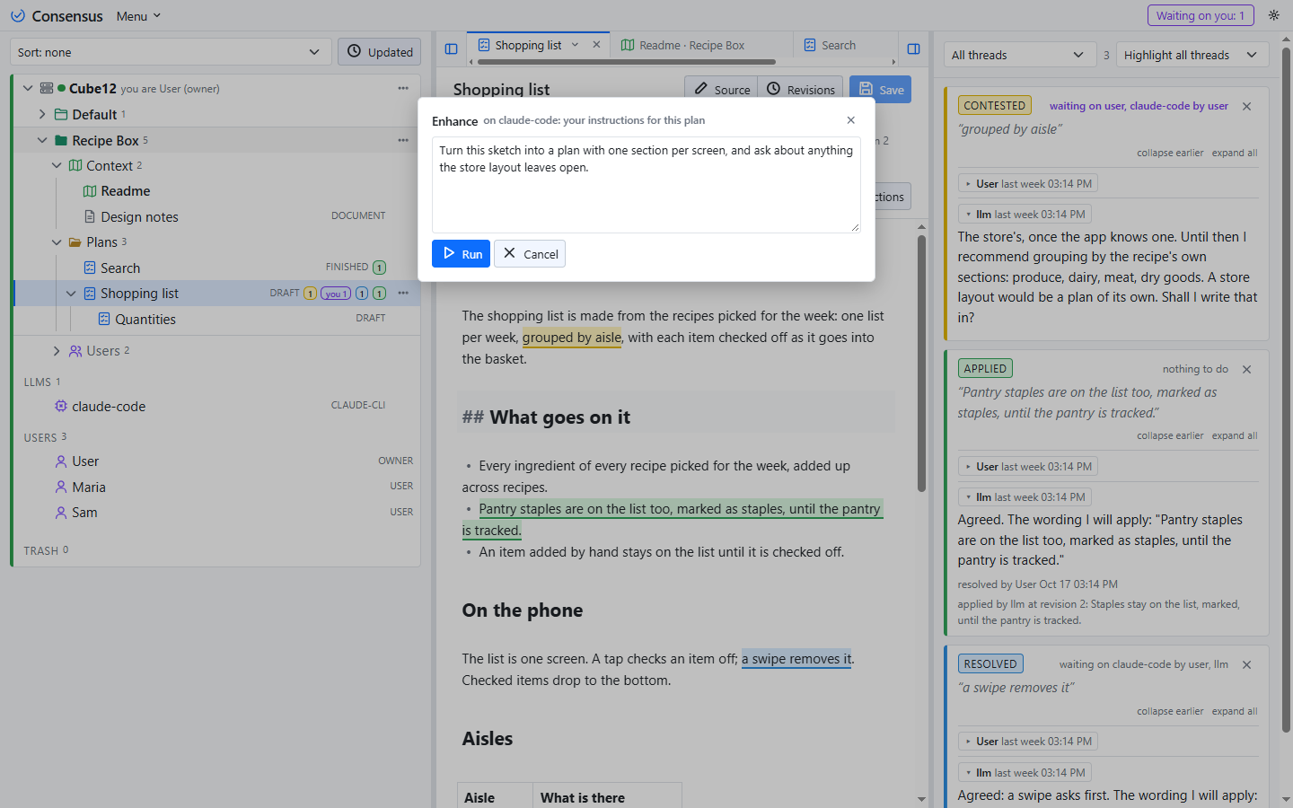 A plan's heading: the task buttons, and Enhance asking for instructions.