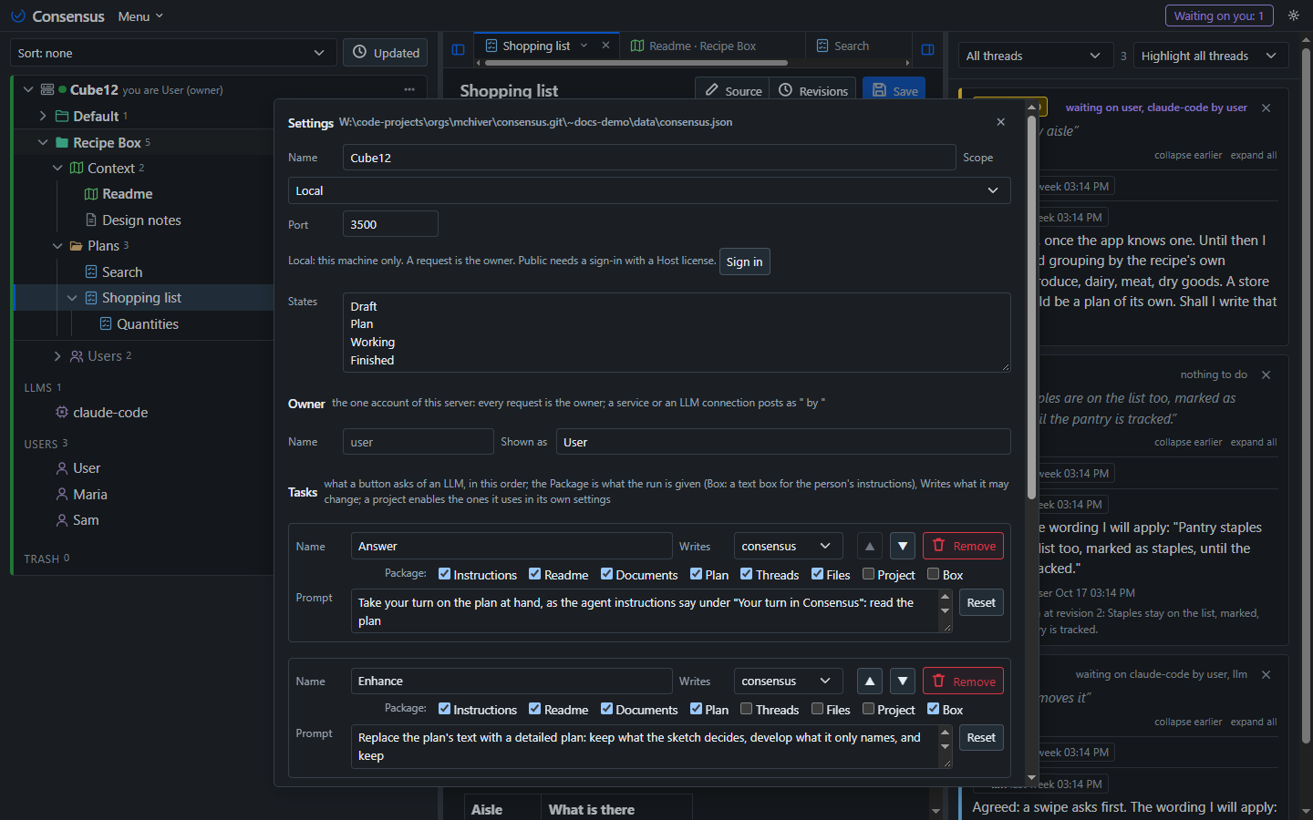 The settings popup: name, scope and port, the states, the participants.