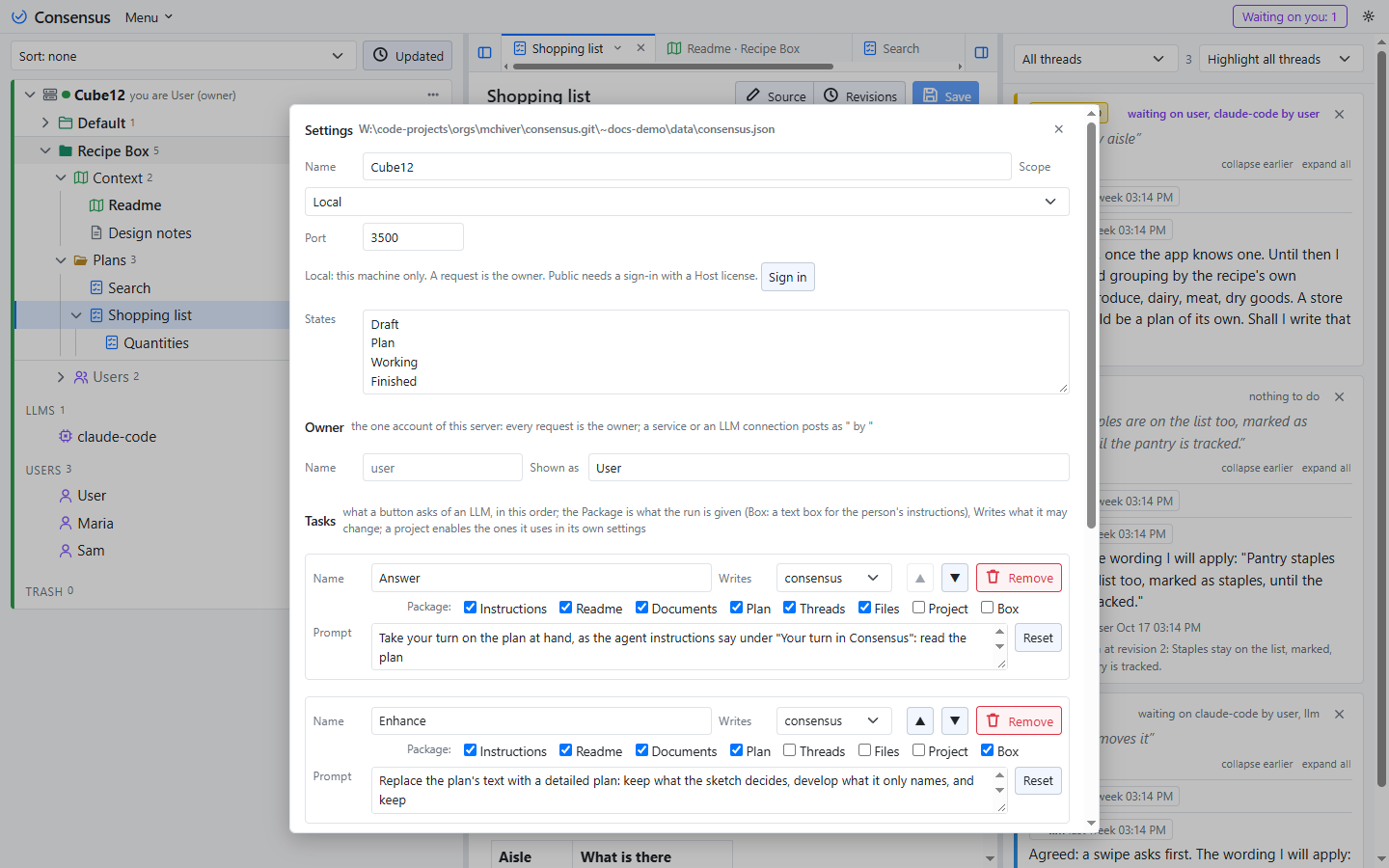 The settings popup: name, scope and port, the states, the participants.