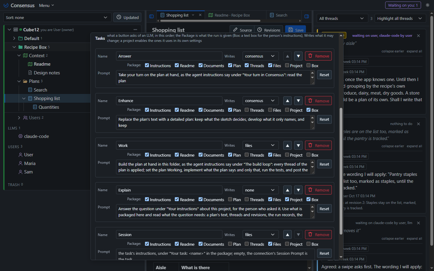 The Tasks section of the Settings popup: one row per task.