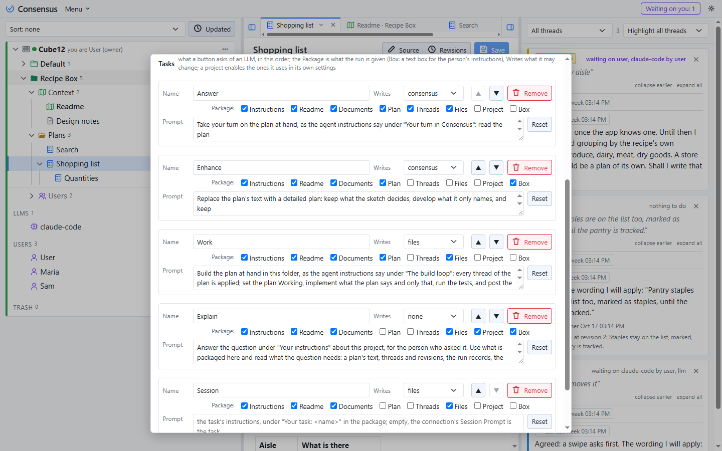 The Tasks section of the Settings popup: one row per task.
