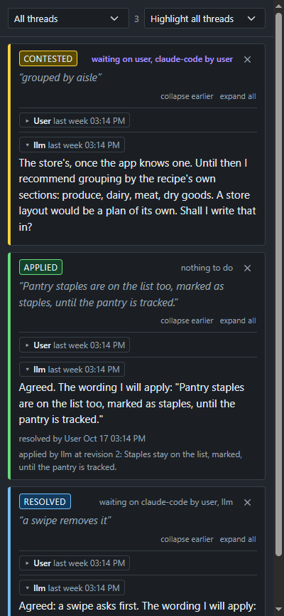 The threads pane: contested, resolved and applied threads.