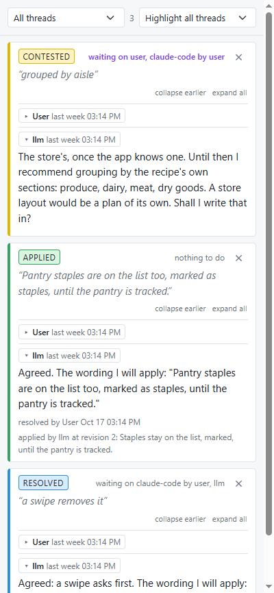 The threads pane: contested, resolved and applied threads.