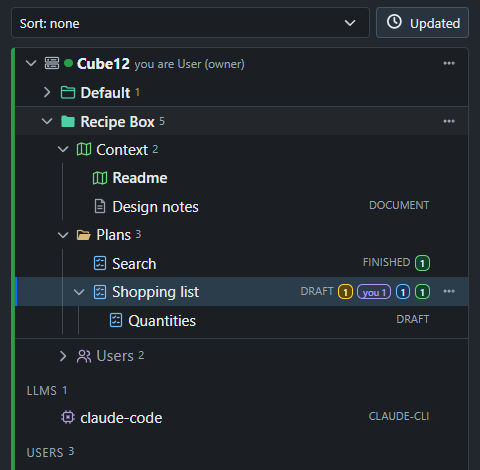 The sidebar: projects, the Context folder, folders and plans with their states.