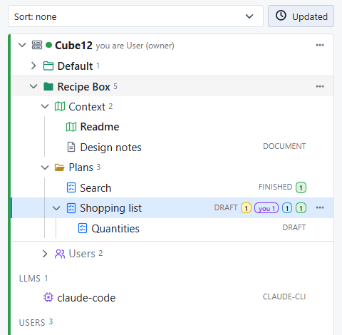 The sidebar: projects, the Context folder, folders and plans with their states.