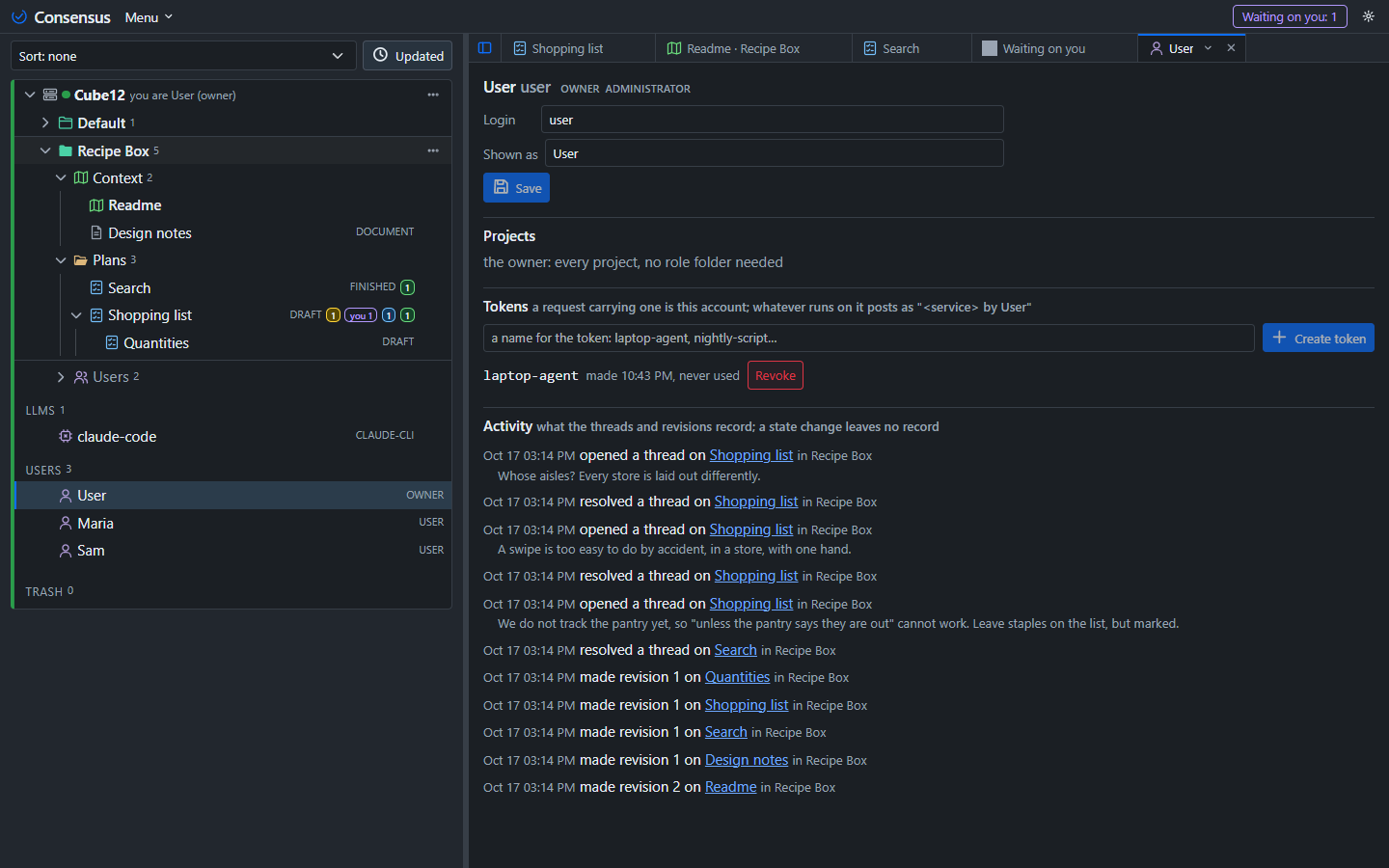The Users fold, and the owner's page: the roles, the tokens, the activity.