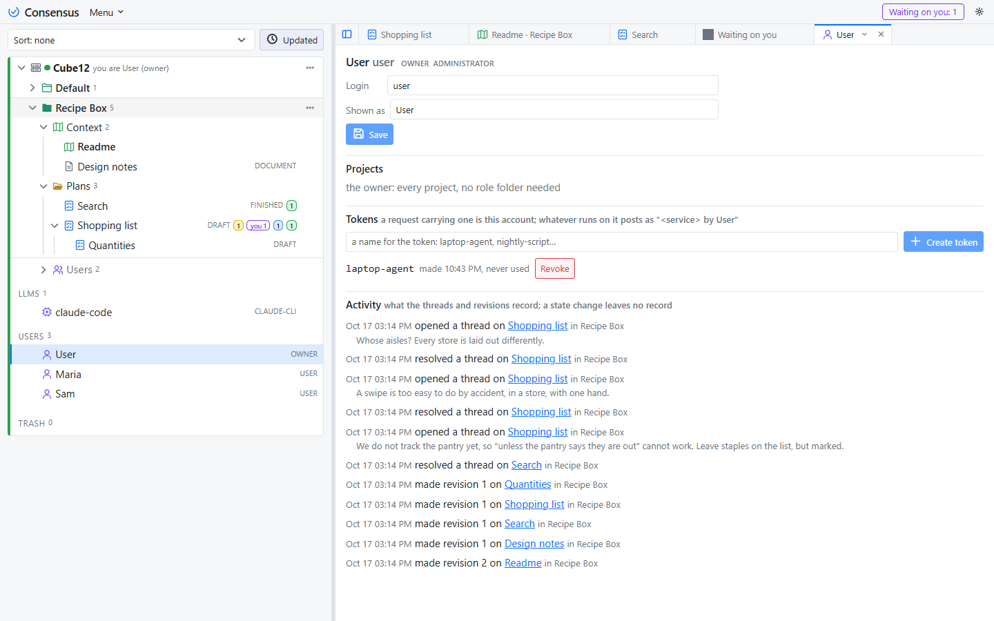 The Users fold, and the owner's page: the roles, the tokens, the activity.